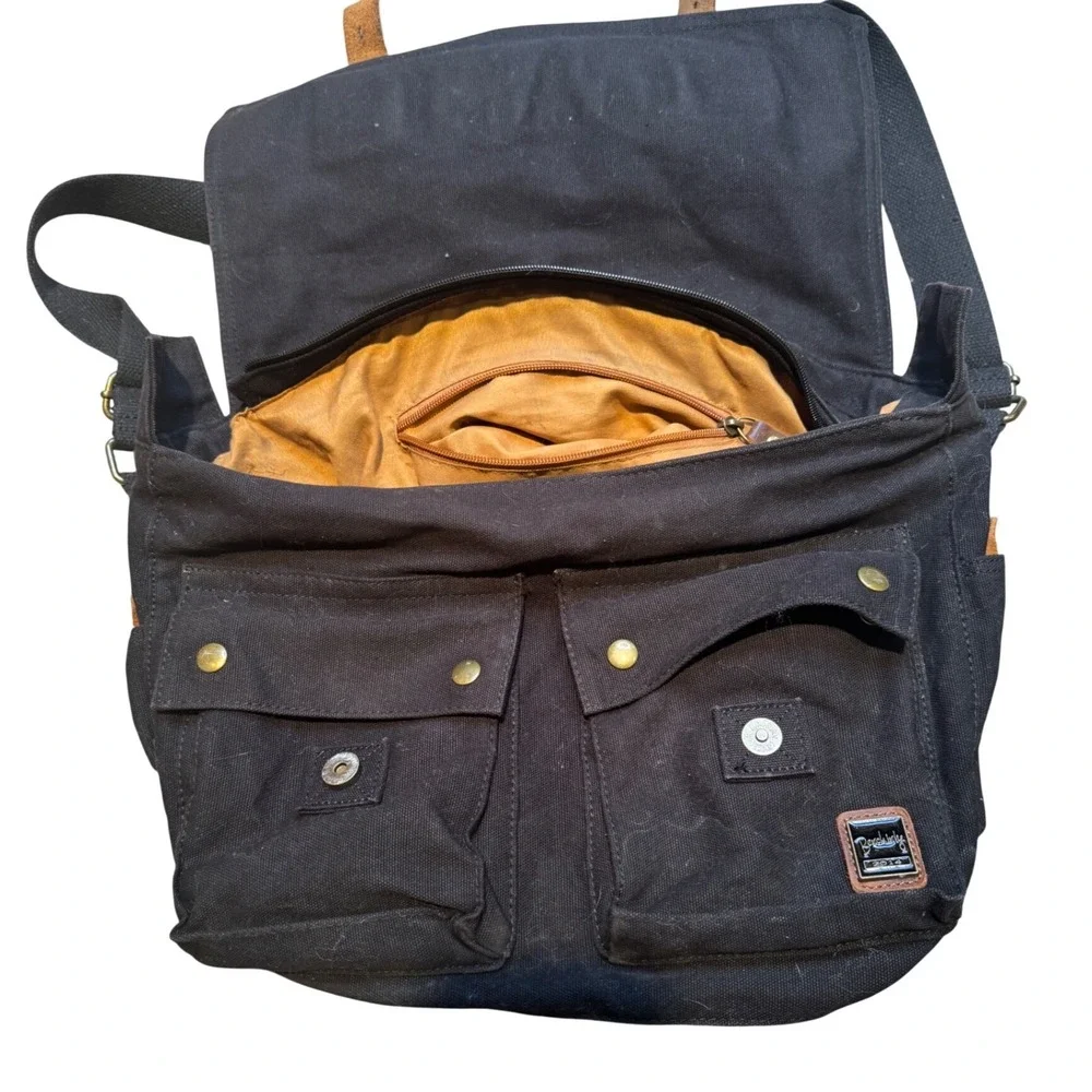 Berchirly Canvas Leather Messenger Bag Black Vintage Military Crossbody Shoulder